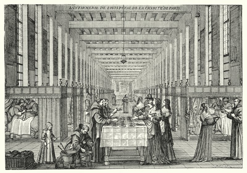 De Ziekenzaal van het Hopital de la Charite van Parijs door Abraham (after) Bosse