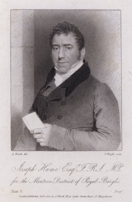 Joseph Hume, Schotse arts, politicus en radicale parlementslid (gravure) door Abraham (after) Wivell