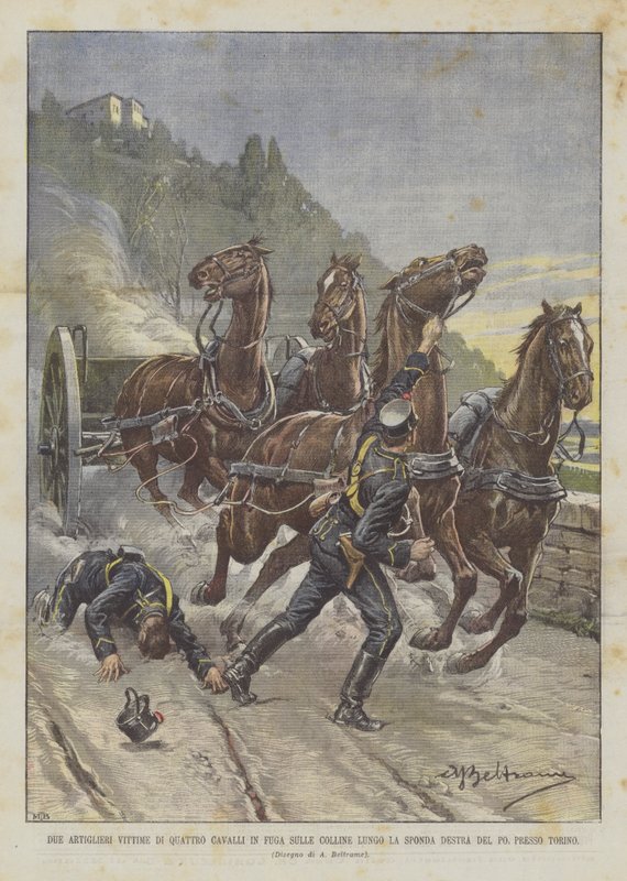 Twee artilleristen slachtoffers van vier op hol geslagen paarden op de heuvels langs de rechteroever van de Po bij Turijn door Achille Beltrame