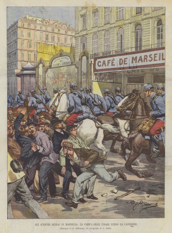 De arbeidersstakingen in Marseille, de aanval van de huzaren langs de Canebière door Achille Beltrame