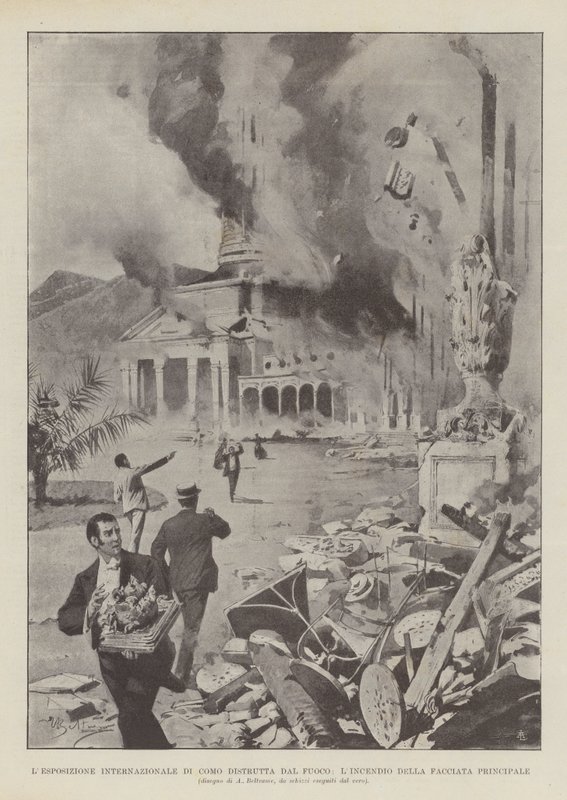 De internationale tentoonstelling van Como verwoest door brand, de brand van de hoofdgevel door Achille Beltrame
