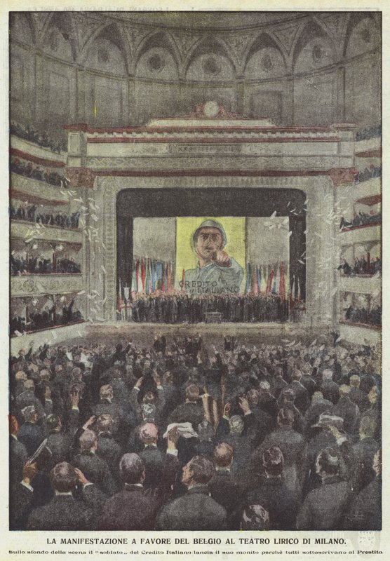 De manifestatie ter ondersteuning van België in het Lirico Theater van Milaan door Achille Beltrame