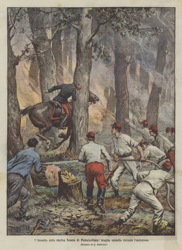 De brand van het historische bos van Fontainebleau, tragische episode tijdens het blussen door Achille Beltrame