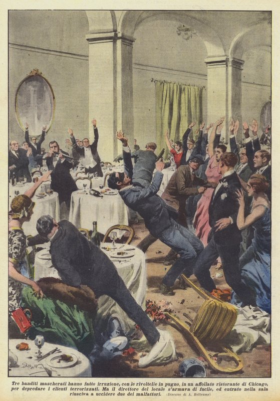 Drie gemaskerde bandieten vielen een drukbezochte plaats binnen met revolvers in de hand door Achille Beltrame