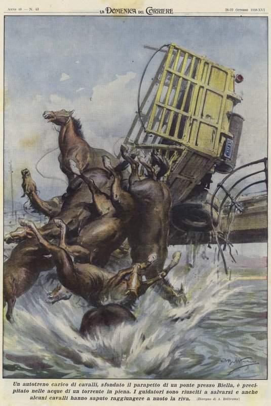 Een vrachtwagen vol paarden in een ongeluk in Biella door Achille Beltrame