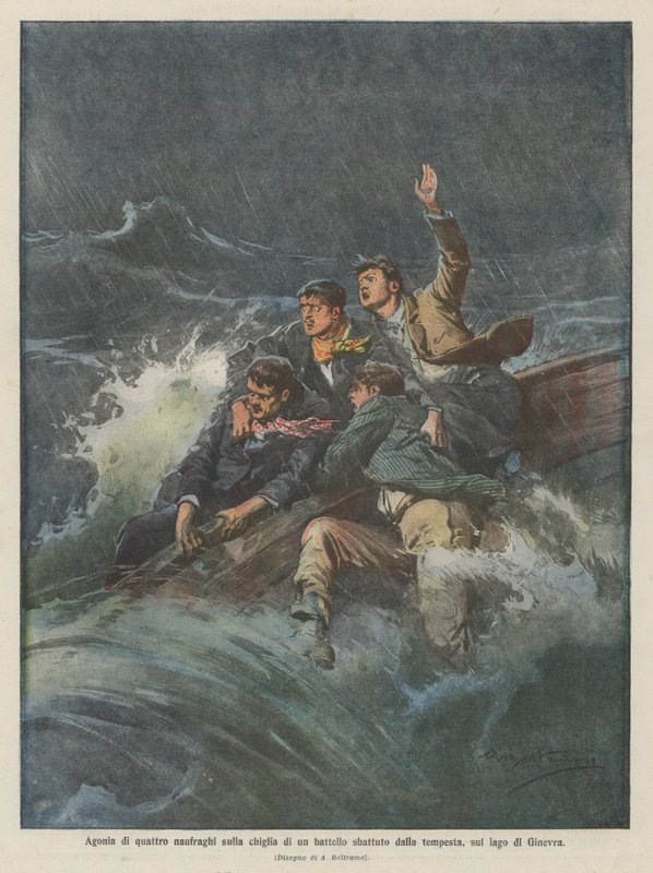 Agonie van vier schipbreukelingen op de kiel van een boot geslagen door de storm, op het Meer van Genève door Achille Beltrame