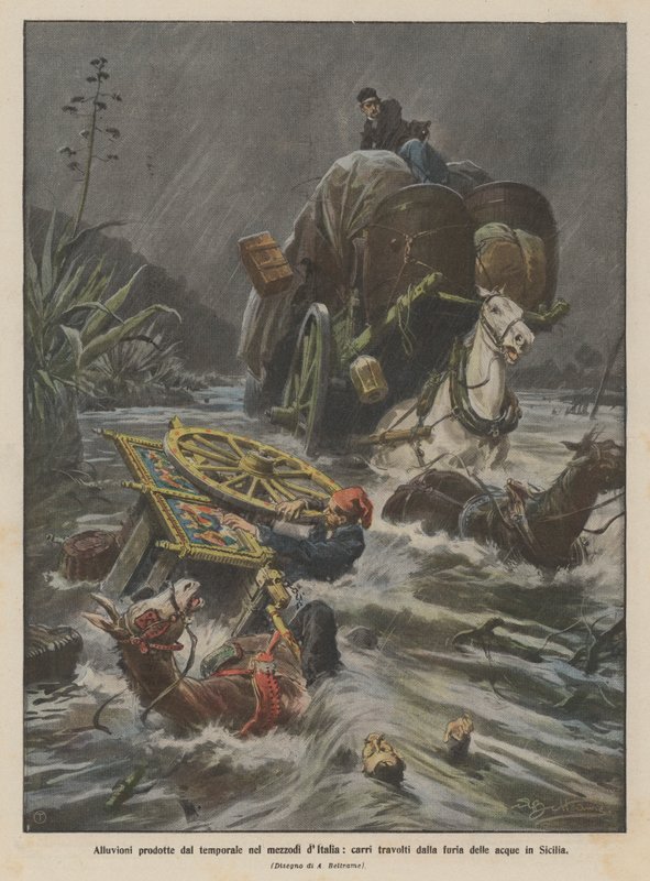 Overstromingen veroorzaakt door de storm in Zuid-Italië, karren meegesleurd door het woeste water in Sicilië door Achille Beltrame