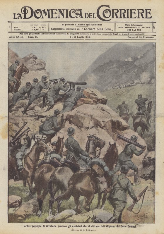 Dappere cavaleriepatrouilles drijven de Oostenrijkers terug van het Altipiano dei Sette Comuni door Achille Beltrame