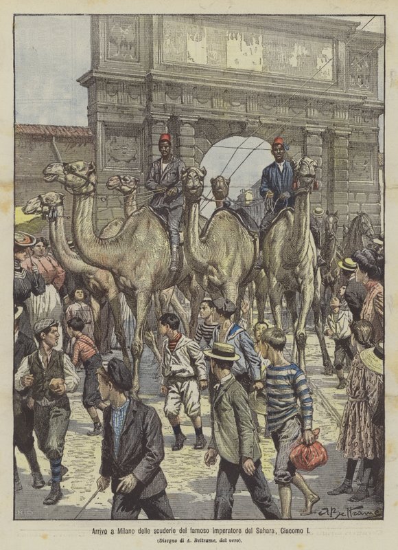 Aankomst in Milaan van de stallen van de beroemde keizer van de Sahara, Giacomo I door Achille Beltrame