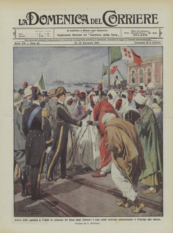 Aankomst van het eskader in Tripoli onder bevel van de Hertog van de Abruzzen, de Arabische leiders ontvangen door Achille Beltrame