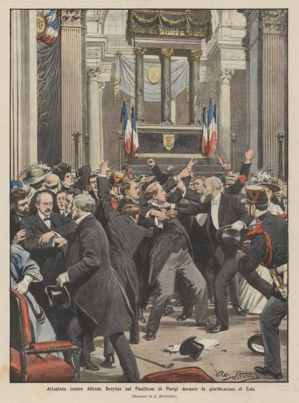 Aanslag op Alfred Dreyfus in het Pantheon van Parijs tijdens de verheerlijking van Zola door Achille Beltrame