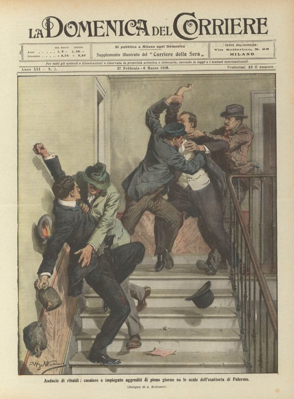 Stoutmoedigheid van schurken, kassier en werknemer aangevallen midden op de dag op de trappen van het belastingkantoor van Palermo door Achille Beltrame