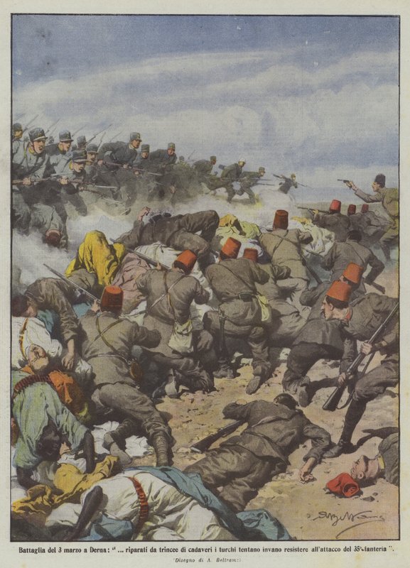 Slag van 3 maart bij Derna, ?beschermd door loopgraven van lijken proberen de Turken tevergeefs te weerstaan ? door Achille Beltrame