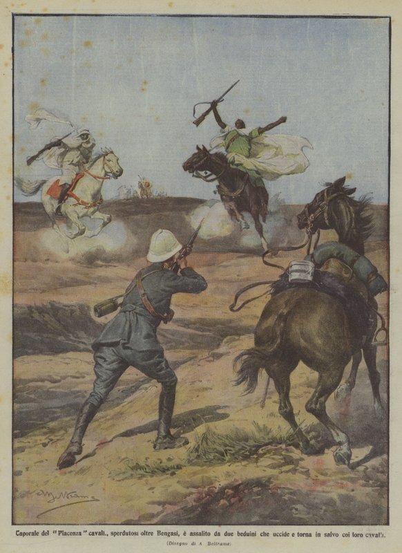 Korporaal van Piacenza cavalerie, verdwaald voorbij Benghazi, aangevallen door twee bedoeïenen die hij doodt door Achille Beltrame