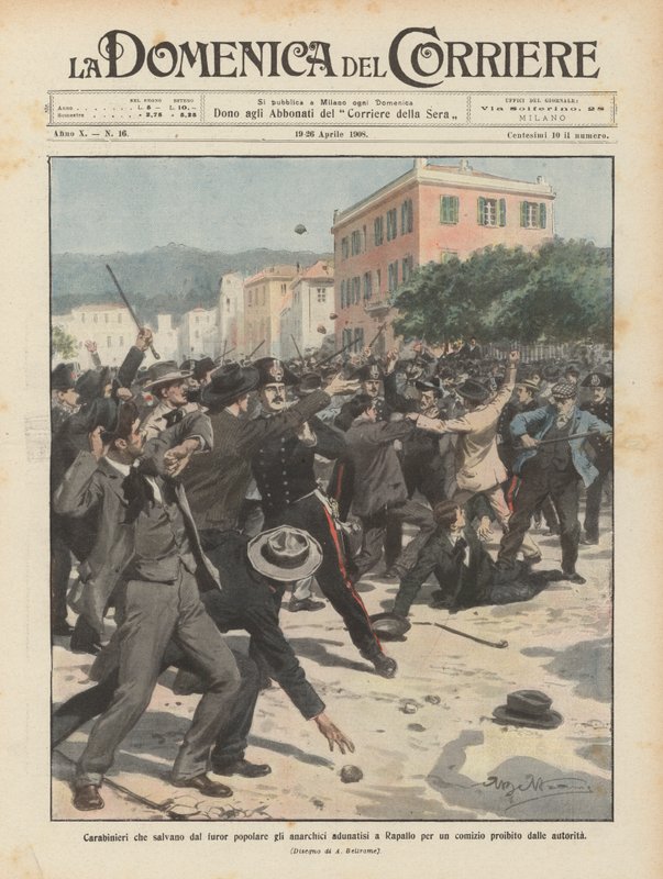 Carabinieri die anarchisten redden van de volkswoede tijdens een verboden bijeenkomst in Rapallo door Achille Beltrame