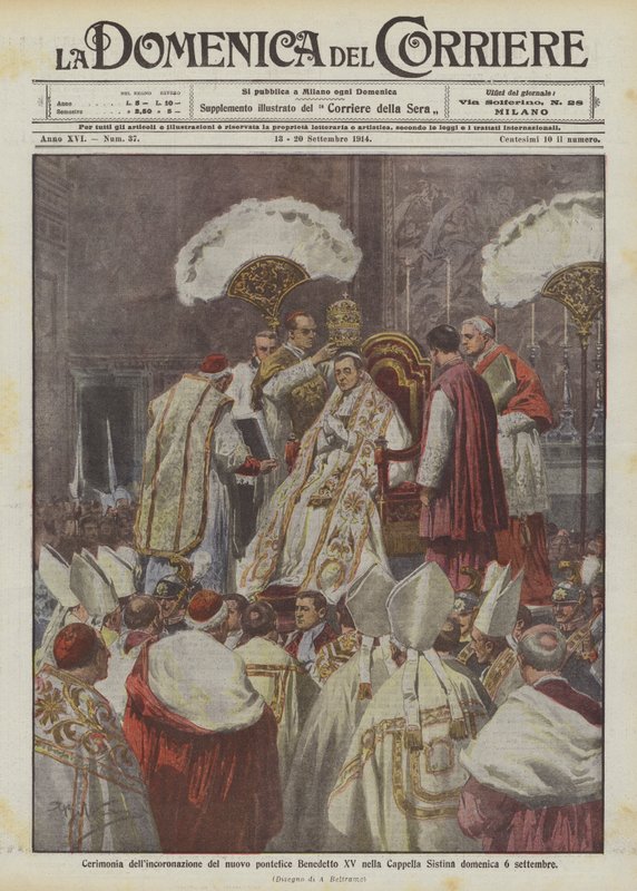 Ceremonie van de kroning van de nieuwe paus Benedictus XV in de Sixtijnse Kapel op zondag 6 september door Achille Beltrame