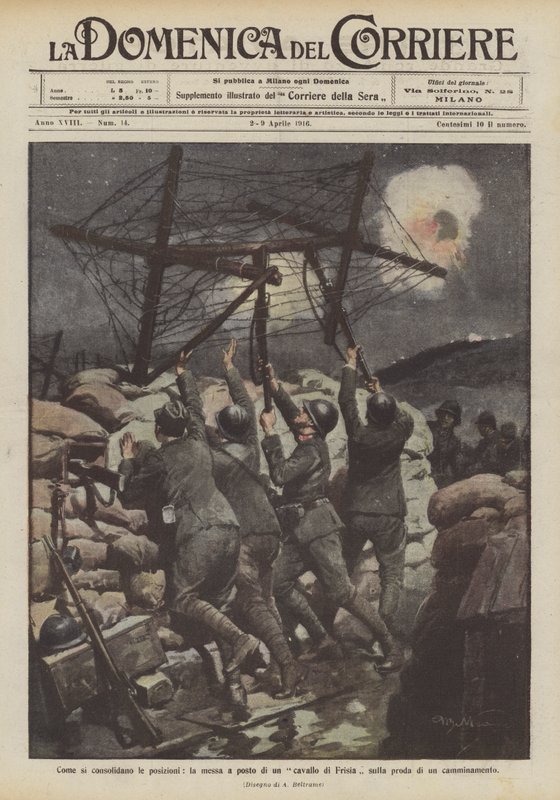 Hoe de posities worden versterkt, het plaatsen van een Friese ruiter op de rand van een loopgraaf door Achille Beltrame
