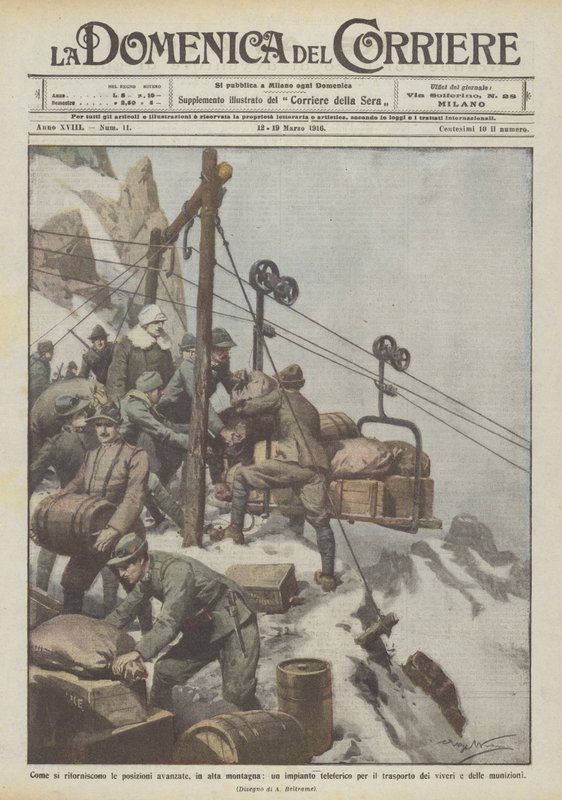 Hoe de voorste posities worden bevoorraad, in de hoge bergen, een kabelbaaninstallatie door Achille Beltrame