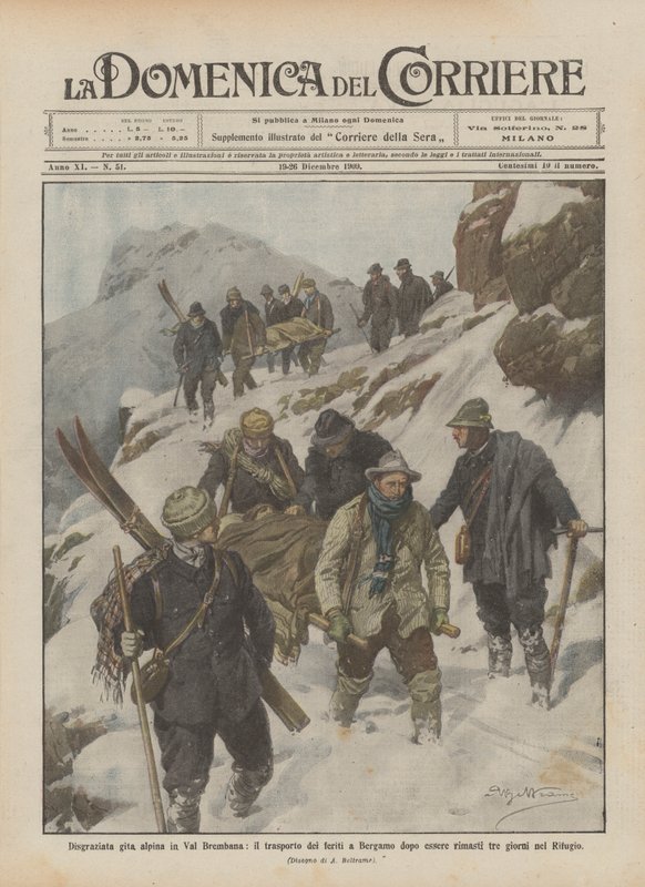Ongelukkige bergtocht in Val Brembana, het vervoer van de gewonden naar Bergamo na drie dagen door Achille Beltrame