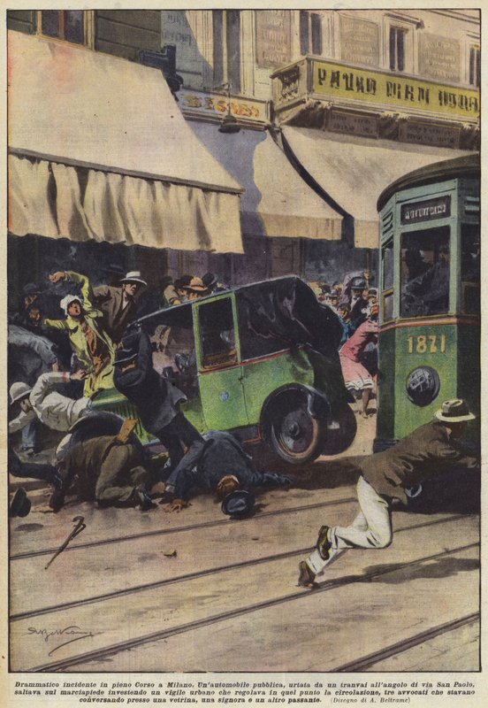 Dramatisch incident op de Corso in Milaan door Achille Beltrame