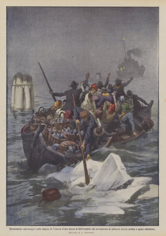 Dramatische redding in de lagune van Venetië van een boot met melkmeisjes die door een ijsplaat werd geraakt door Achille Beltrame