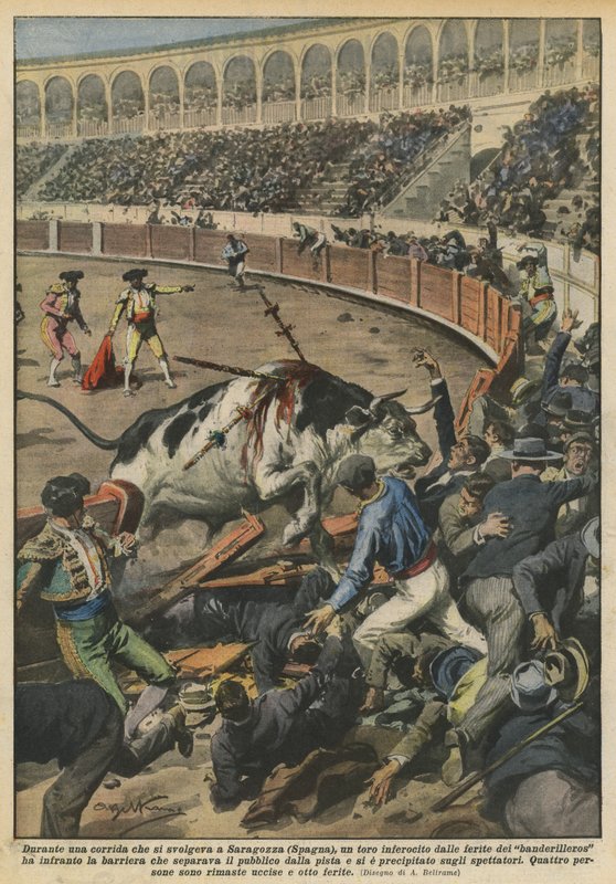 Tijdens een stierengevecht in Zaragoza (Spanje) werd een stier woedend door de wonden door Achille Beltrame