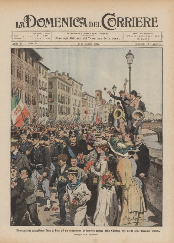 Enthousiaste ontvangst in Pisa voor een regiment infanterie teruggekeerd uit Calabrië door Achille Beltrame