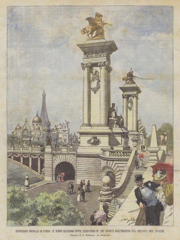 Wereldtentoonstelling van Parijs, de nieuwe grandioze brug Alexander III die leidt van de ingang... door Achille Beltrame