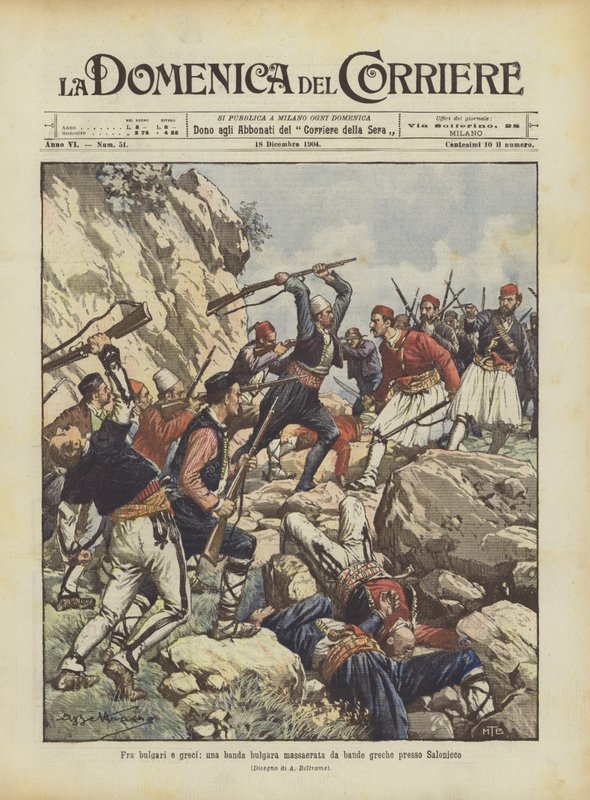 Tussen Bulgaren en Grieken, een Bulgaarse bende afgeslacht door Griekse bendes bij Thessaloniki door Achille Beltrame