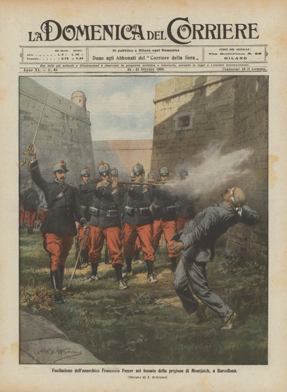 Executie van de anarchist Francesco Ferrer in de gracht van de gevangenis van Montjuich, in Barcelona door Achille Beltrame