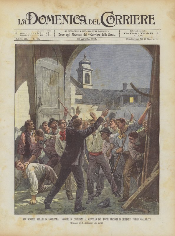 De agrarische stakingen in Lombardije, aanval van boeren op het kasteel van de hertogen Visconti di Modrone, bij Gallarate door Achille Beltrame
