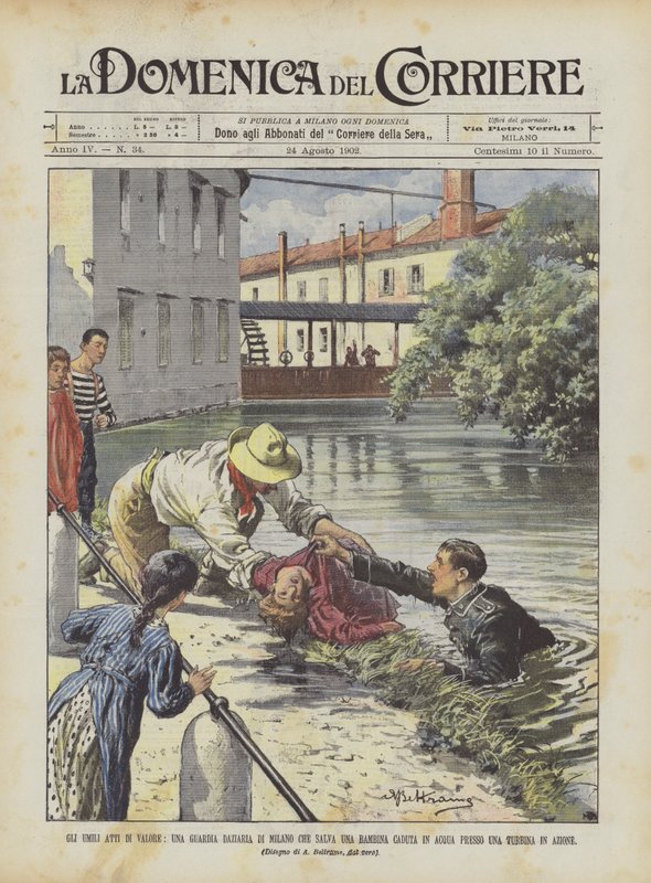 De nederige daden van moed, een douanewachter in Milaan die een meisje redt dat in het water is gevallen ? door Achille Beltrame