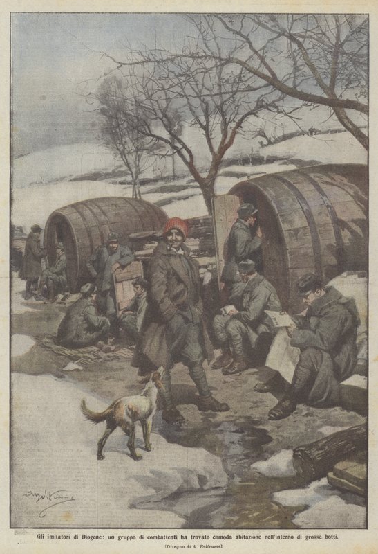De navolgers van Diogenes, een groep strijders heeft een comfortabele woning gevonden in grote vaten door Achille Beltrame
