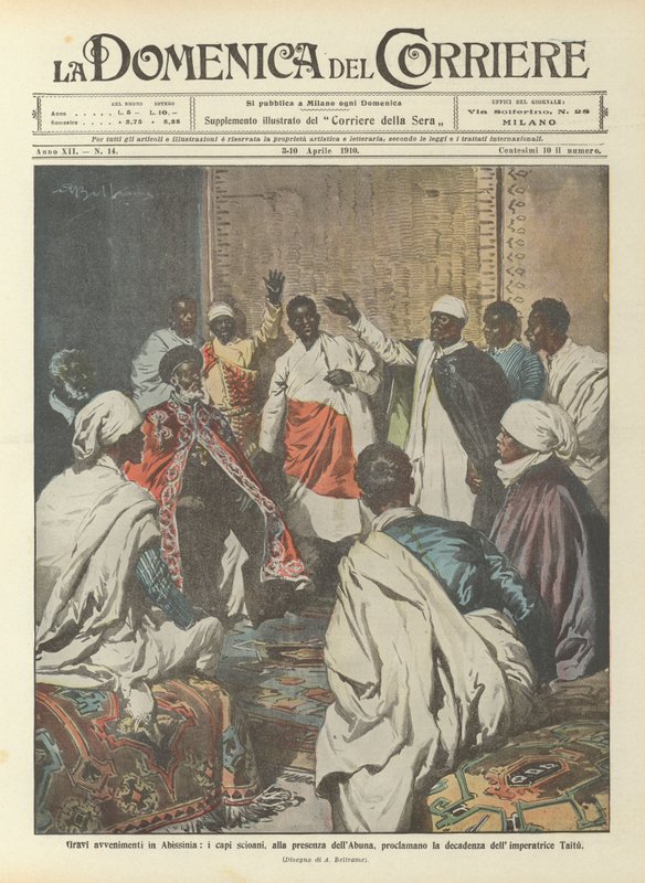 Ernstige gebeurtenissen in Abessinië, de Shoan-leiders, in aanwezigheid van de Abuna, verklaren de val van de keizer door Achille Beltrame