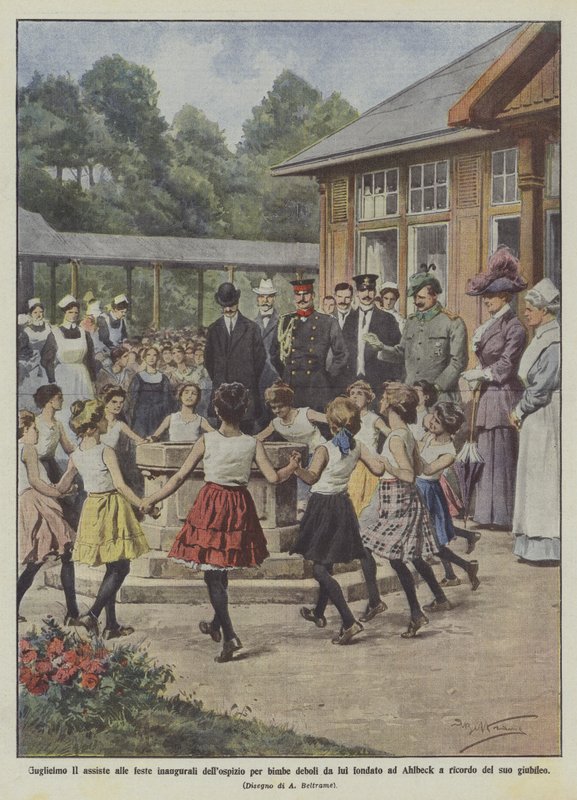 Wilhelm II woont de openingsfeesten bij van het door hem opgerichte tehuis voor zwakke meisjes in Ahlbeck door Achille Beltrame