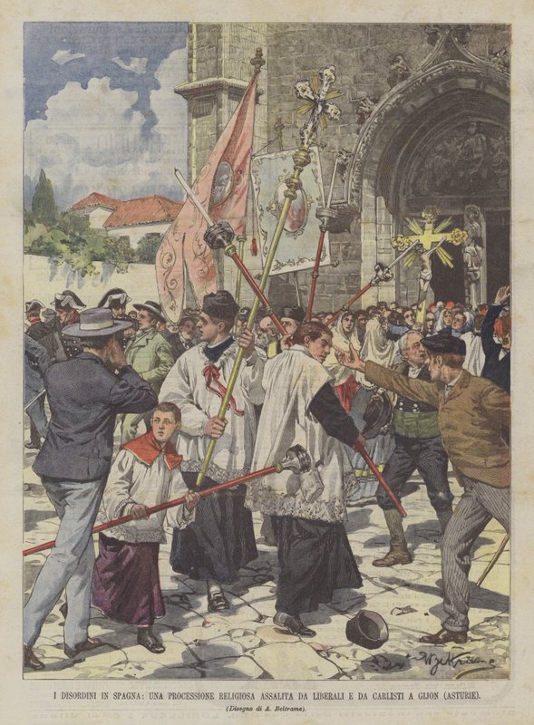 De ongeregeldheden in Spanje, een religieuze processie aangevallen door liberalen en Carlisten in Gijon (Asturië) door Achille Beltrame