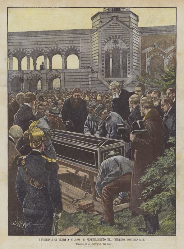De begrafenis van Verdi in Milaan, de begrafenis op de Monumentale Begraafplaats door Achille Beltrame