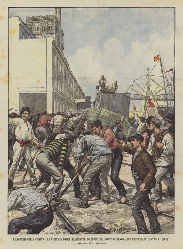 De achteruitgang van de beschaving, de gewelddaden van de graanlossers van de haven van Genua om te protesteren tegen de silo