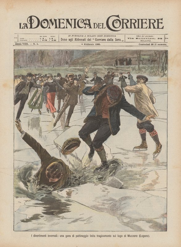 Wintervermaak, een tragisch geëindigde schaatswedstrijd op het meer van Muzzano (Lugano) door Achille Beltrame