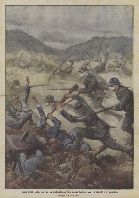 De nieuwe aspecten van de oorlog, een tegenaanval van onze infanterie, met helmen en maskers door Achille Beltrame