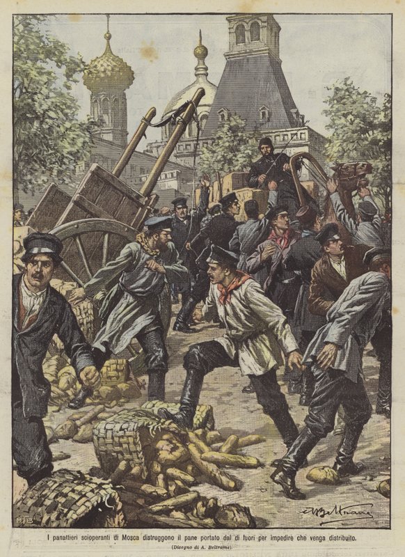 De stakende bakkers van Moskou vernietigen het brood dat van buitenaf wordt gebracht om te voorkomen dat het wordt verdeeld door Achille Beltrame