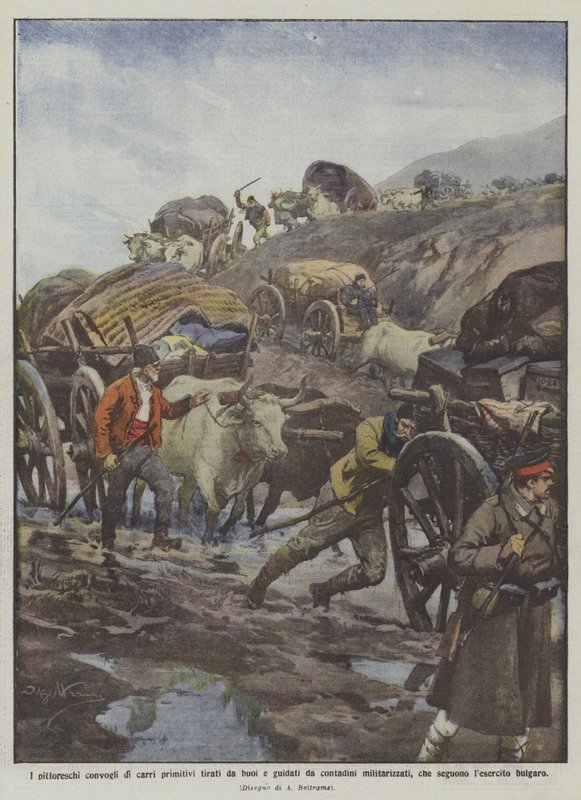 De pittoreske konvooien van primitieve karren getrokken door ossen en bestuurd door gemilitariseerde boeren... door Achille Beltrame