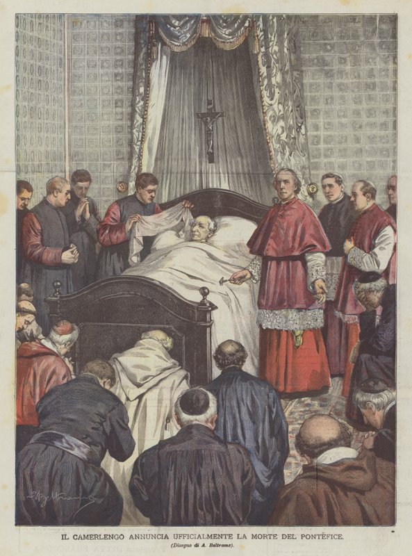 De kamerheer kondigt officieel de dood van de paus aan door Achille Beltrame
