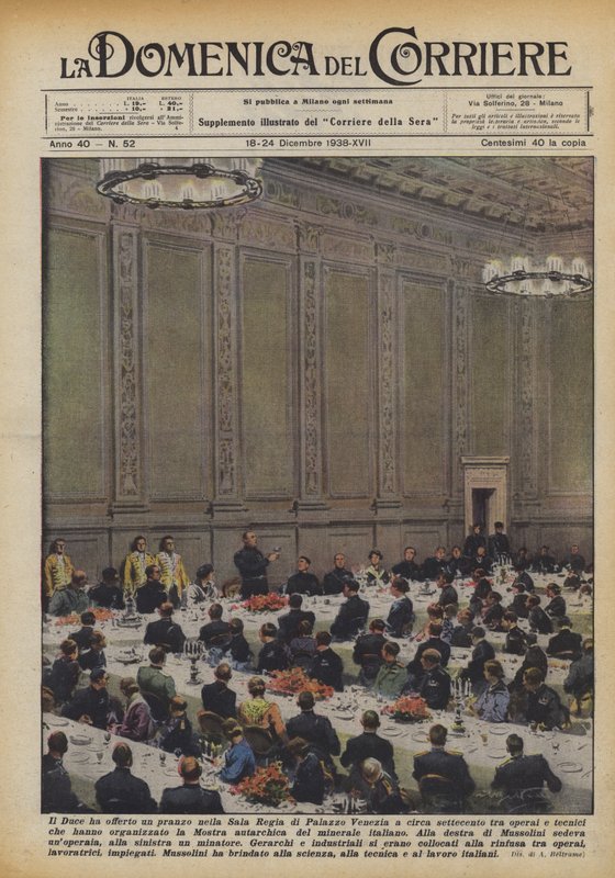 De Duce bood een lunch aan in de Sala Regia van het Palazzo Venezia aan ongeveer zevenhonderd arbeiders door Achille Beltrame