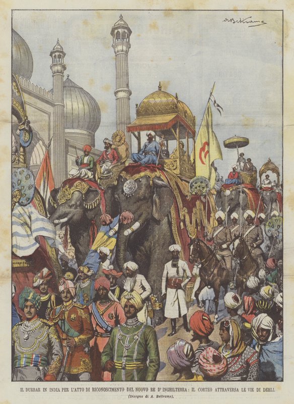 De Durbar in India voor de erkenning van de nieuwe koning van Engeland, de stoet trekt door de straten van Delhi door Achille Beltrame