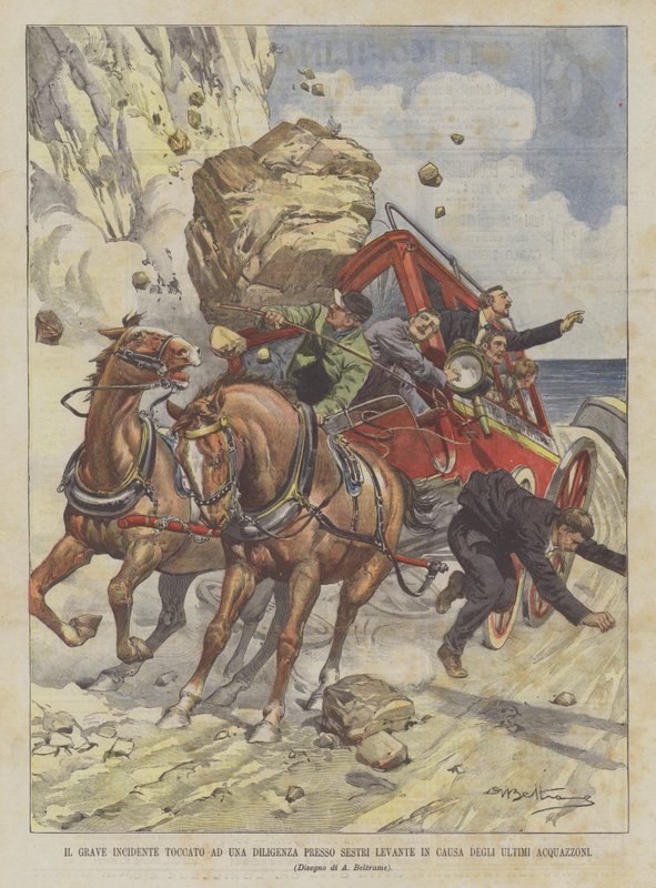 Het ernstige incident met een postkoets bij Sestri Levante als gevolg van de recente stortbuien door Achille Beltrame