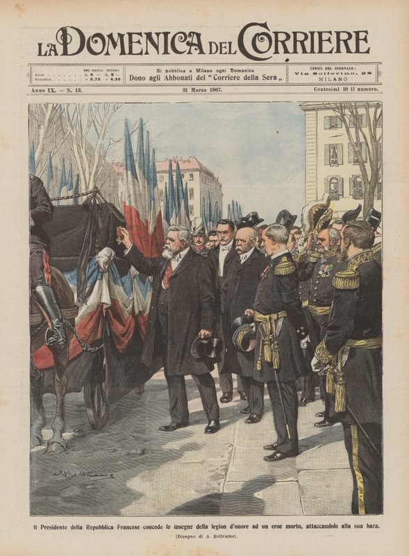 De president van de Franse Republiek verleent de onderscheiding van het Legioen van Eer aan een overleden held door Achille Beltrame