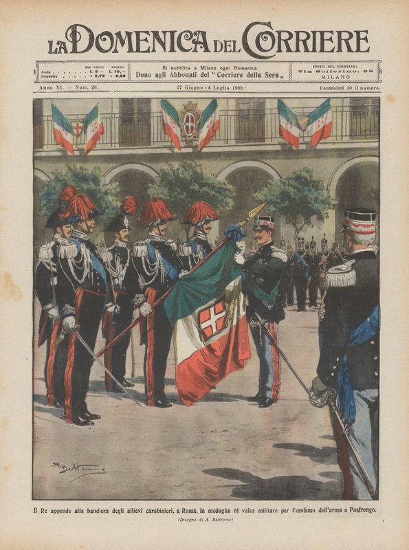 De koning hangt de medaille voor militaire moed aan de vlag van de carabinieri-kadetten in Rome door Achille Beltrame