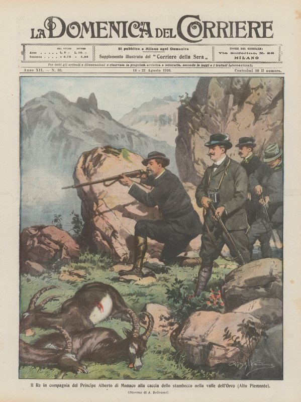 De koning in gezelschap van prins Albert van Monaco op jacht naar de steenbok in de Orco-vallei (Hoog-Piëmont) door Achille Beltrame