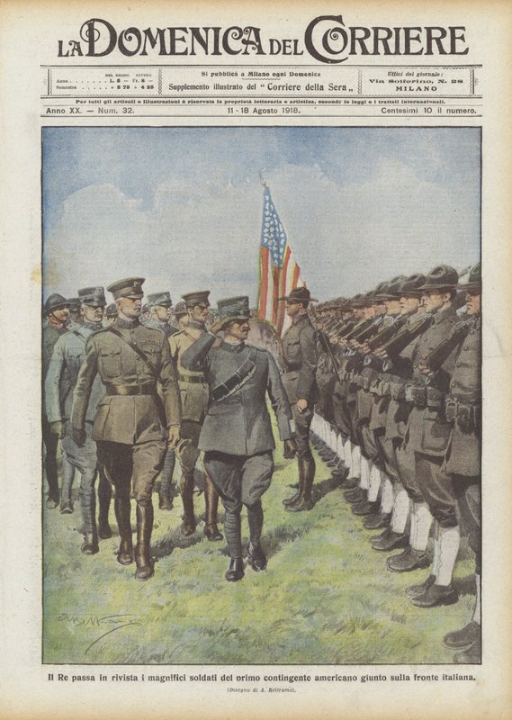 De koning inspecteert de prachtige soldaten van het eerste Amerikaanse contingent dat aan het Italiaanse front is aangekomen door Achille Beltrame